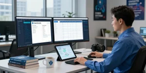 Cyber Essentials certification workspace showcasing a cybersecurity analyst managing compliance with multiple screens and technical controls.