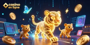Découvrez une scène dynamique de casino en ligne avec des éléments lumineux et immersifs.