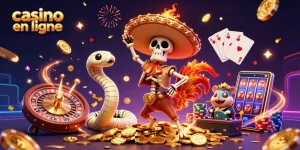 Jouez à des jeux de casino en ligne dans une scène dynamique remplie de pièces d'or et d'effets lumineux.
