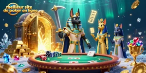 Jouer sur le meilleur site de poker en ligne avec Anubis et Bastet dans une scène riche en détails.