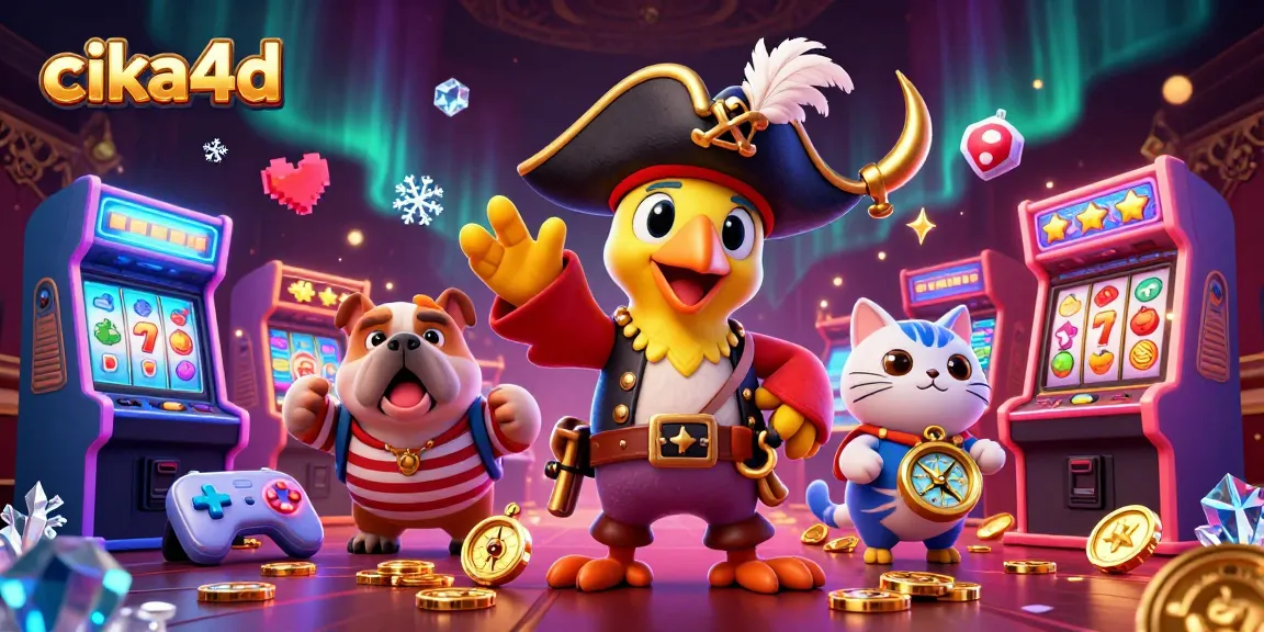 Engage with cika4d's vibrant 3D gaming scene featuring slot reels and a lively pirate theme.