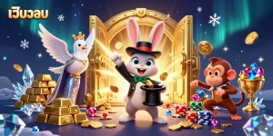 Experience thrilling เว็บบอล action with a 3D magician rabbit pulling coins amidst an exciting casino atmosphere.