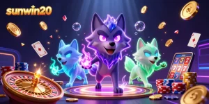 Experience the thrill of sunwin20 with vibrant glowing wolves, cascading coins, and dynamic casino elements.