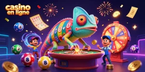 Casino en ligne avec un immense caméléon de casino attirant des pièces d'or et des balles colorées.