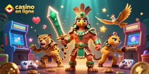 Jouez sur un casino en ligne avec un guerrier aztèque et un jaguar, entourés de machines à sous colorées.