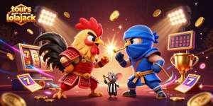Win exciting tours gratuits du casino lolajack with a vibrant 3D illustration of cartoon roosters in an action-packed showdown.