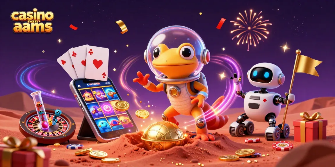 Giocando nei casino non AAMS, un gecko marziano esplora un casinò d'oro circondato da elementi di gioco.