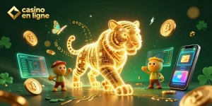 Joue à un casino en ligne moderne avec un tigre lumineux et des éléments de cryptomonnaie.