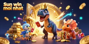 Experience Sun win moi nhat with vibrant 3D characters stacking chips, surrounded by gold bars and treasure vaults in an exciting casino scene.