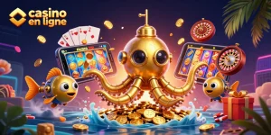 Profitez des jeux captivants de casino en ligne avec des machines à sous et un kraken doré émergeant des pièces d'or.