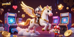 Experience thrilling gaming actions at yonibet with a vibrant 3D casino scene featuring an armored knight and celestial horse.