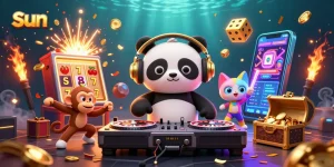 Spin and win at sun-themed gambling fun with DJ panda and gaming excitement.