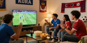 Friends enjoying kora live football broadcast together in a lively living room.