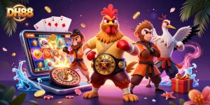 DH88 rooster and Shaolin monkey showcasing exciting casino adventures with vibrant game elements.