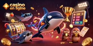 Jouez à des jeux passionnants sur un casino en ligne avec une scène dynamique d'animaux marins et de symboles de jackpot.