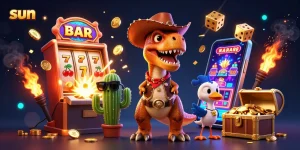 Engage with the sun-themed slot experience featuring a dynamic T-Rex cowboy and vibrant casino elements.