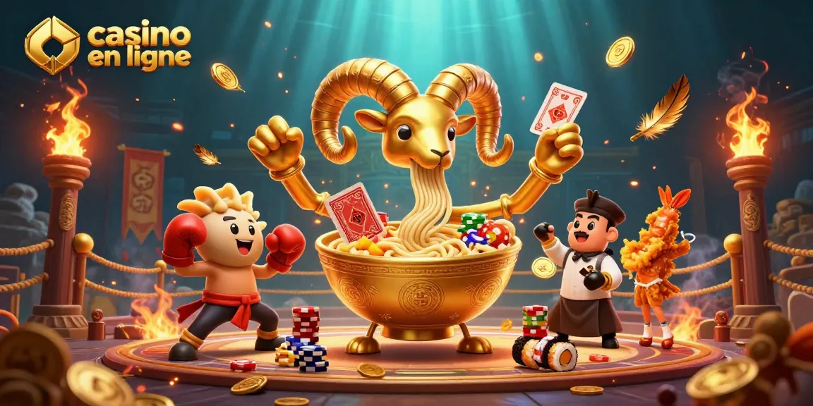 Jouez au casino en ligne avec une scène dynamique d'un bol de ramen géant et des personnages colorés