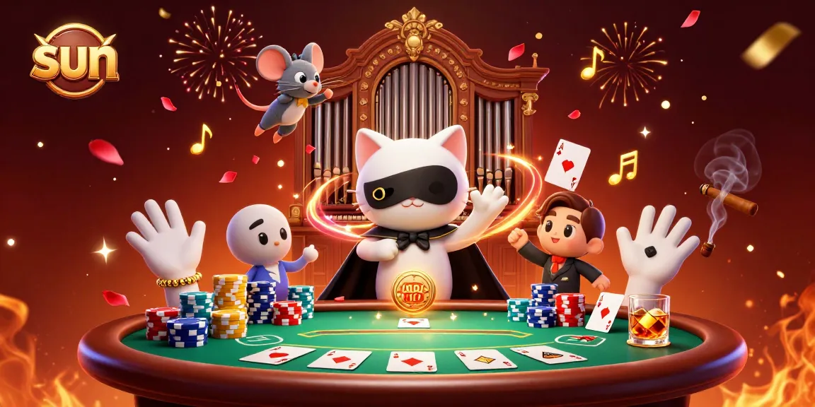 Engage at the sun-themed casino featuring a mystical cat, vibrant poker elements, and enchanting effects.