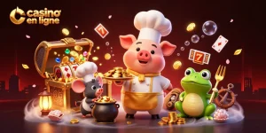 Plongez dans l'univers du casino en ligne avec cette illustration dynamique de personnages animés, mettant en avant le chef cochon et ses atouts dorés.