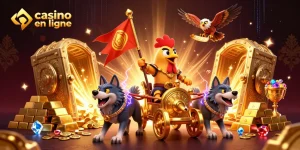 Jouer au casino en ligne avec un roi coq guerrier et des trésors étincelants.