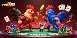 Engage in intense gameplay with red888, featuring roosters in a dramatic poker showdown.