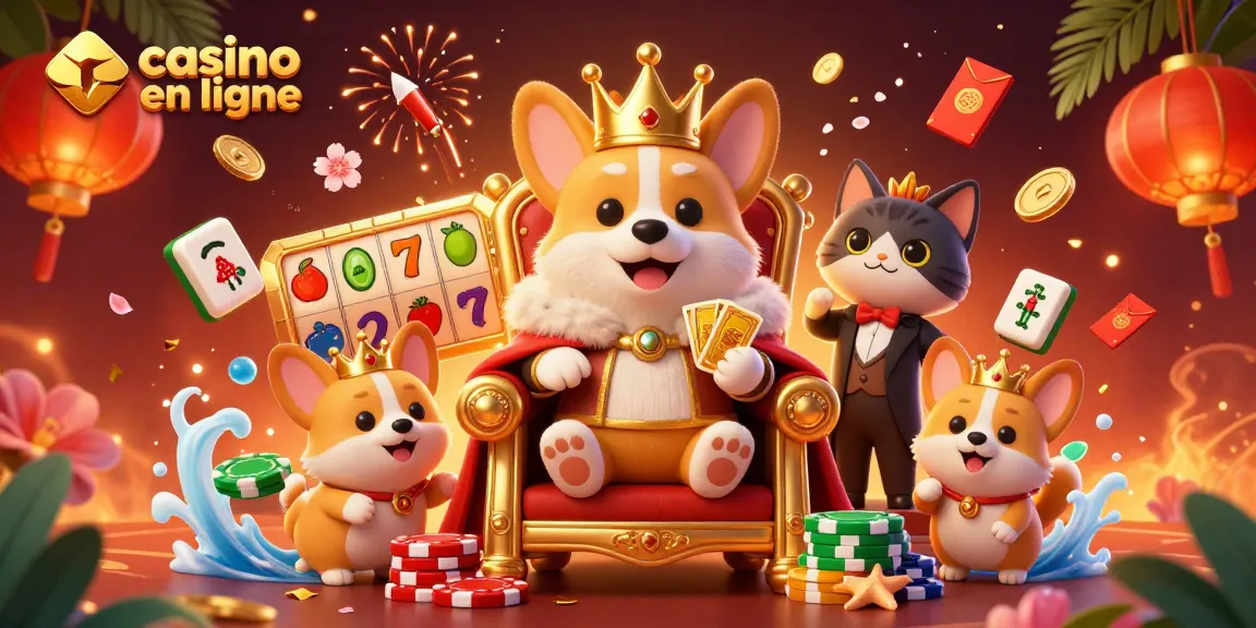 Profitez des jeux au casino en ligne avec un corgi royal entouré de symboles de chance et de titres de jeux.