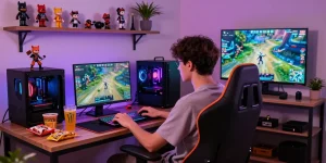 Exciting gaming setup at home featuring MBM娛樂城 gaming person immersed in action with vibrant decor.