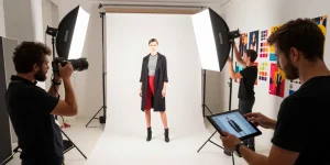 Photographe publicitaire Milano en studio créatif, modèle en pose, équipement d'éclairage