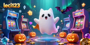 Engage with leci123 in a vibrant casino atmosphere featuring a ghost cat, vampire bat, and glowing jack-o-lanterns.