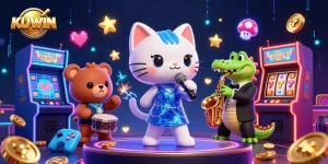 KUWIN's vibrant casino experience features a jazz cat singing with a croc saxophonist and bear drummer.