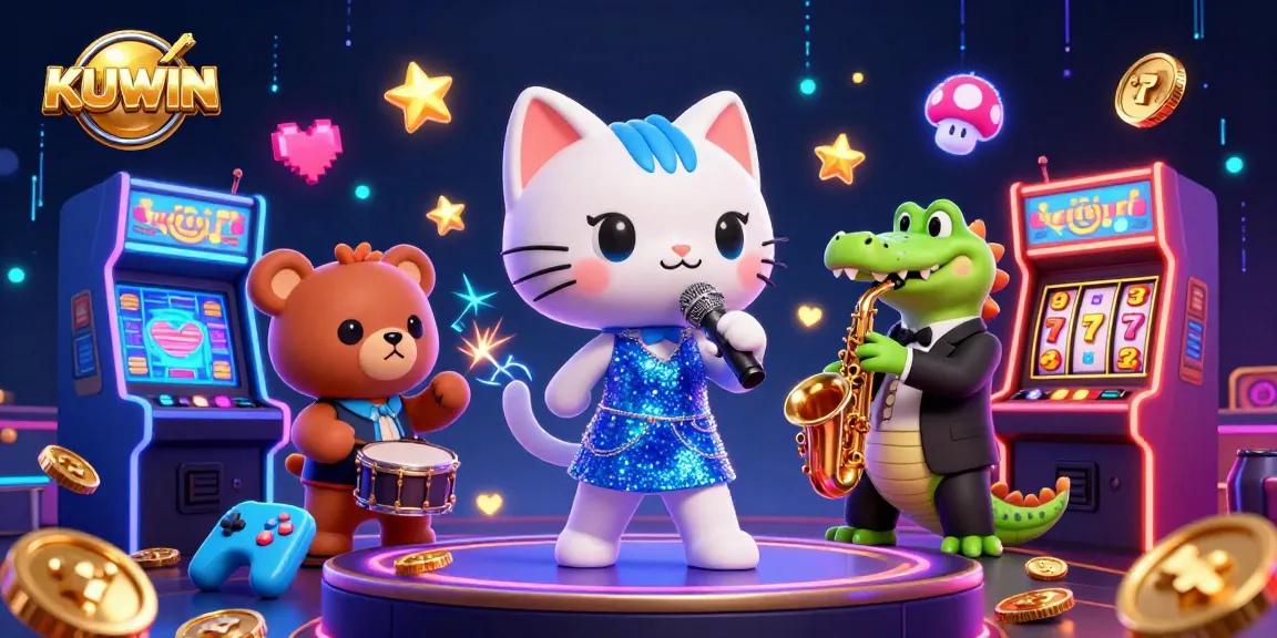 KUWIN's vibrant casino experience features a jazz cat singing with a croc saxophonist and bear drummer.
