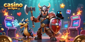 Jouez au casino en ligne argent réel avec un loup viking et un dragon dans une scène dynamique.