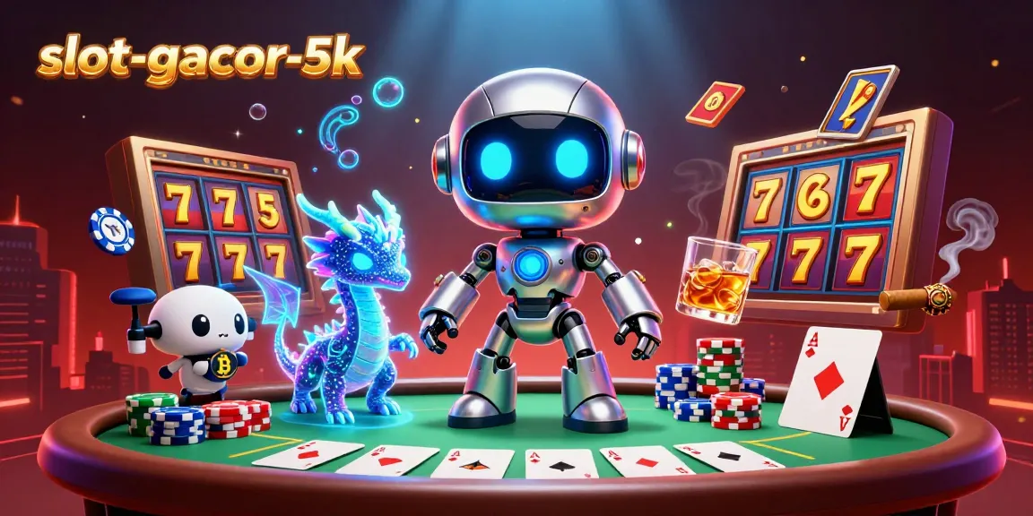 Spin the slot-gacor-5k reels featuring a vibrant cyberpunk scene filled with poker elements.