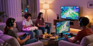 Friends playing online games on mantra88 in a cozy living room with vibrant lighting and snacks.