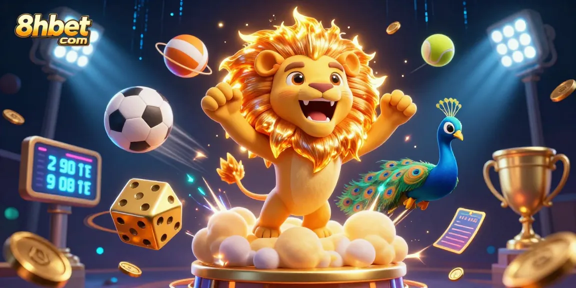 Experience thrilling gaming action with 8xbet com as vibrant dice, sports balls, and a roaring lion unite!
