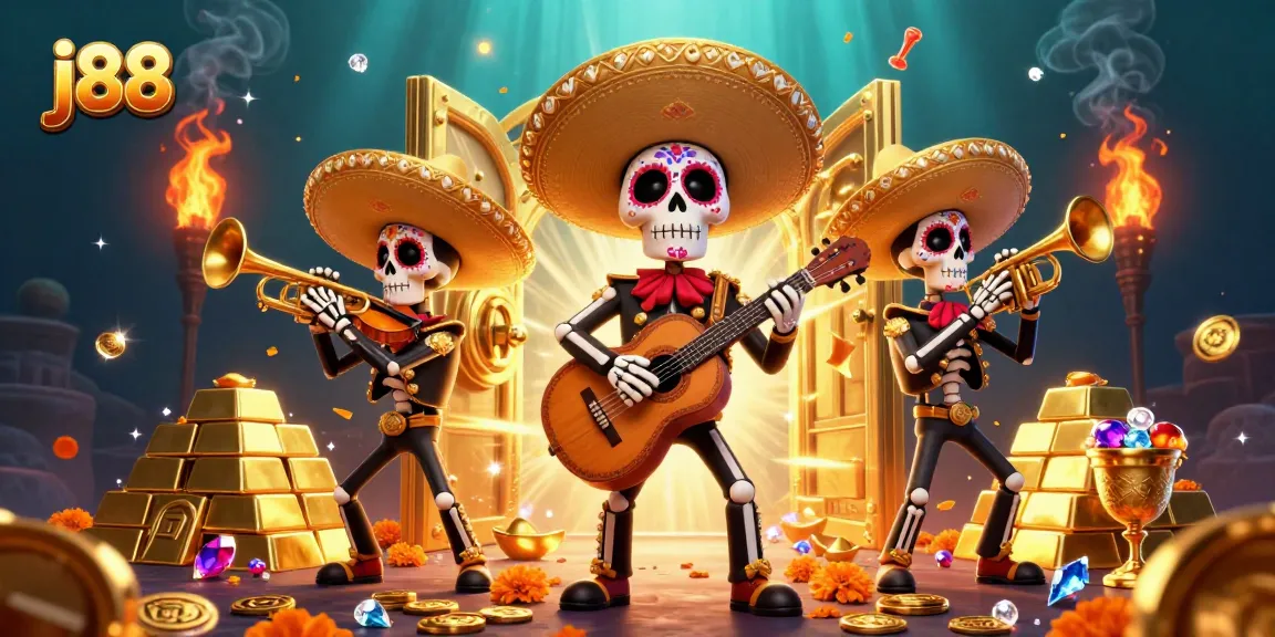 Experience the excitement of j88 with a vibrant casino scene featuring a mariachi band surrounded by treasures.