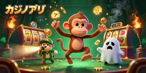 カジノアプリでスロットリールや金色のコインが飛び回る楽しいイラスト