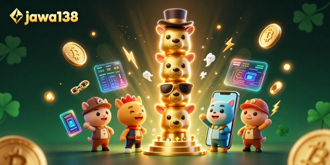 jawa138 totem pole character surrounded by neon crypto elements and casino imagery