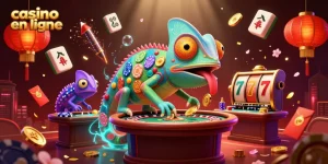Casino en ligne : caméléon coloré jouant avec des éléments de casino dans une illustration animée.