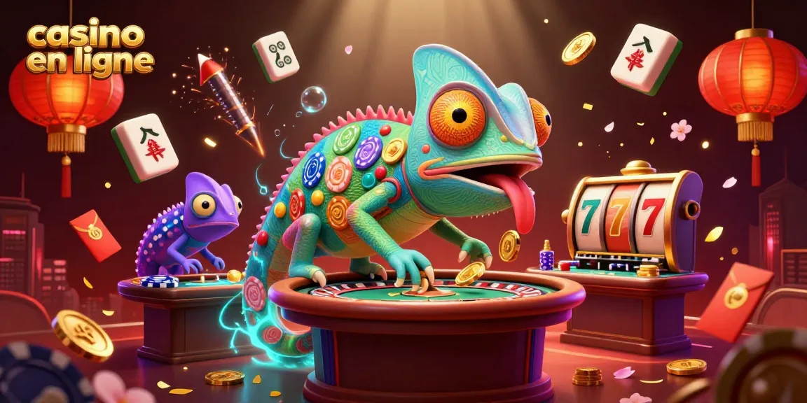 Casino en ligne : caméléon coloré jouant avec des éléments de casino dans une illustration animée.