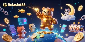 Bolaslot88 features vibrant 3D illustration of golden constellation bear with coins, cryptocurrencies, and slot reels in an engaging casino scene.
