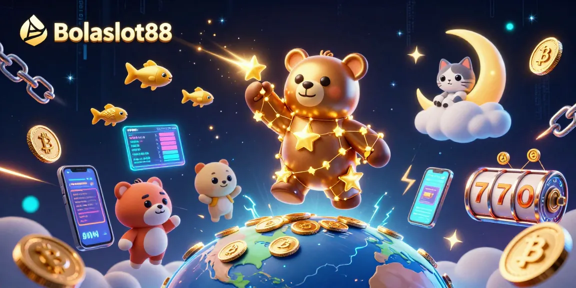 Bolaslot88 features vibrant 3D illustration of golden constellation bear with coins, cryptocurrencies, and slot reels in an engaging casino scene.