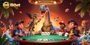 Engage with the dynamic scene of link 8xbet as a brontosaurus and raptor create excitement around a poker game.