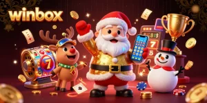 Winbox casino illustration with a friendly Santa, his reindeer dealer, and a poker chip snowman amidst dynamic jackpot slots and casino elements.
