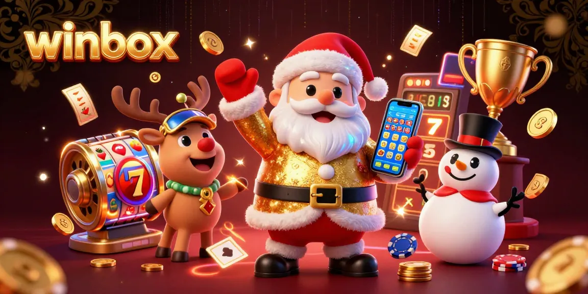 Winbox casino illustration with a friendly Santa, his reindeer dealer, and a poker chip snowman amidst dynamic jackpot slots and casino elements.