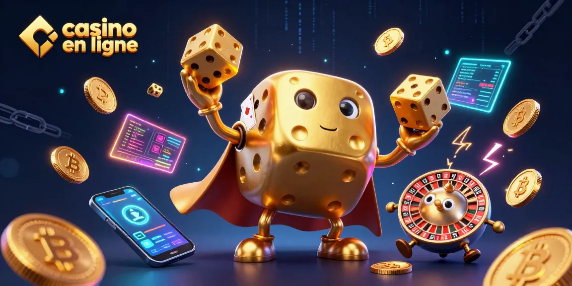 Jouez au casino en ligne avec des dés et des éléments Bitcoin dans une illustration colorée et dynamique.