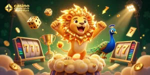 Visualisez le casino en ligne retrait instantané avec une scène dynamique de lion solaire et des éléments de jeu captivants.