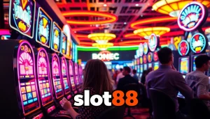 Mainkan slot88 dengan suasana kasino yang menggelegar dan warna-warna cerah.