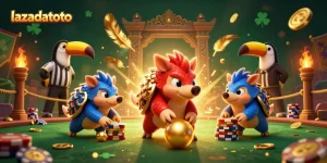 Lazadatoto’s rival pangolins compete in a colorful casino scene rolling poker chips and golden balls.