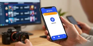 Antarmuka aplikasi UFO777 yang modern dan ramah pengguna di tangan pengguna, menampilkan jadwal pertandingan.